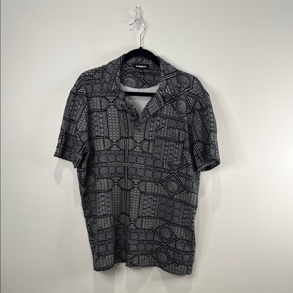 Express Black Casual Button Down Shirt with Geometric Design